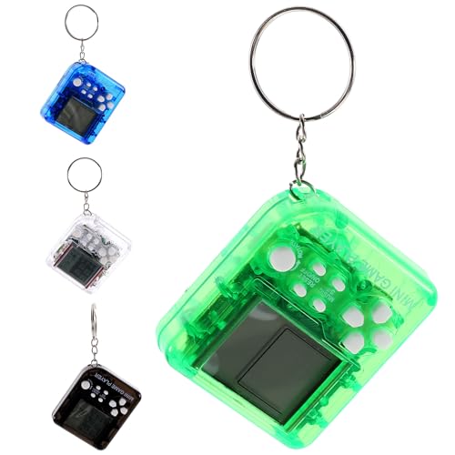 Lurrose 4pcs Mini Retro Video Game Keychain Set, White Black Blue and Bright Green, Portable Gaming Pendant Key Ring for Birthday Party Favors and Bag Decor