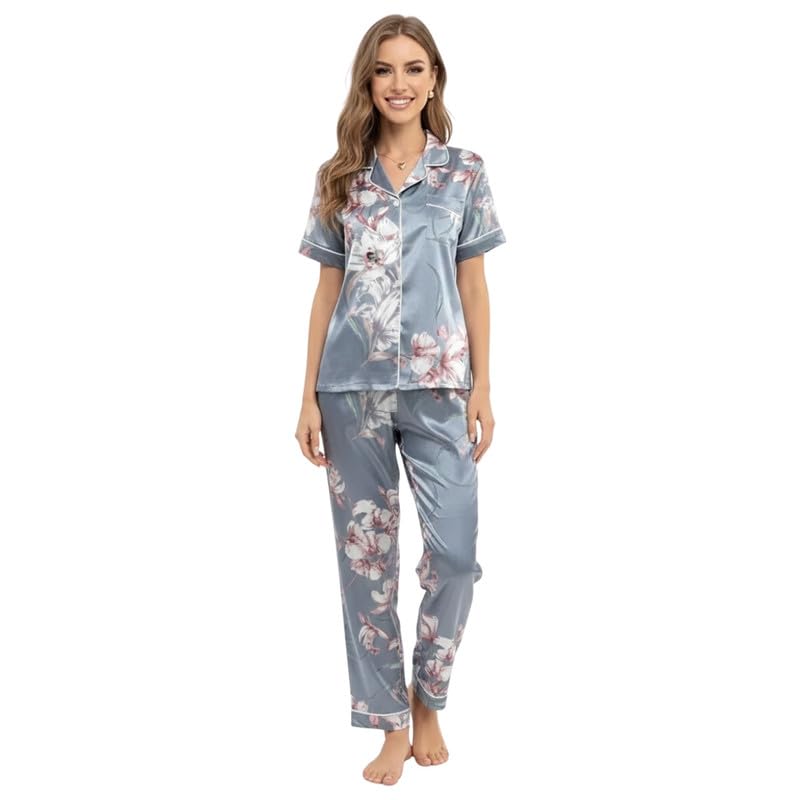 Image of Night Suit for Women with Full Sleeve Button-Down Top with Pant Dress for Woman, Cotton Night Dress for Woman, Two-Piece Loungewear Set