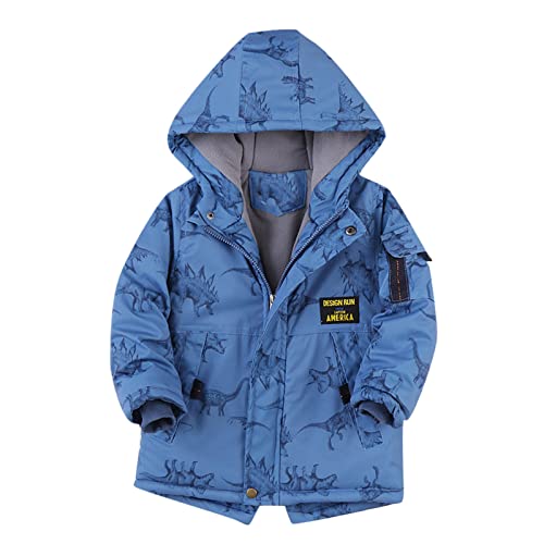 Kids Boys Cute Dinosaur Graphic Hooded Jacket Long Sleeve Windproof Coat Zip Up Warm Trench Windbreaker Outerwear