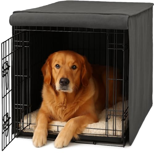 Friends Forever Metal Dog Crate Cover 42 inch w/Light Blocking Protective Curtain Dog Cage Cover w/Roller Shades Machine Washable Trucker Black