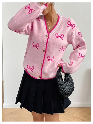 Image of MakeMeChic Women's Bow V Neck Button Up Cardigan Sweaters Long Sleeve Cute Outerwear Pink Small