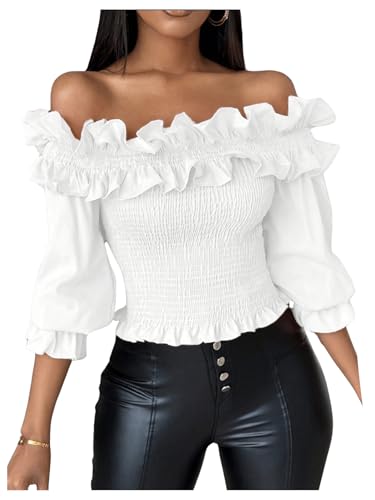 Floerns Women's Ruffle Trim Off Shoulder Flounce Sleeve Shirred Blouse Top
