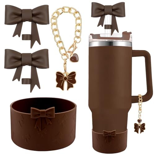 Hpebl Cup Accessories Set for Stanley,Including 2Pcs Cute Bow Straw Cover Caps 10mm Reusable Straw Toppers,1Pcs Silicone Boot Sleeve and 1Pcs Handle Charm for Stanley Tumbler 30&40oz,Brown