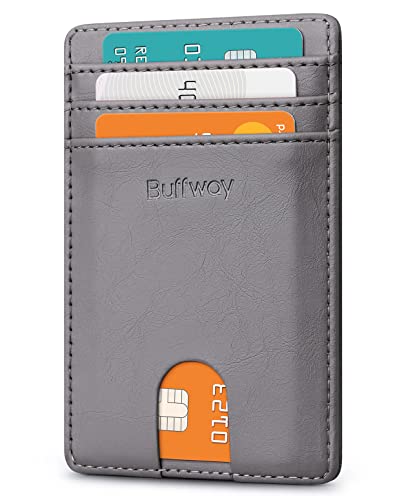 Carteira de couro fina minimalista Buffway para cartões masculina e feminina, Seattle Grey, One Size