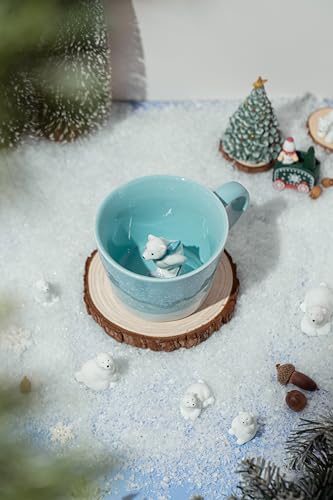 Image of DIHOclub Skiing Polar Bear Ceramic Cup Hidden Animal Inside Mug Cute Cartoon Handmade Figurine Mugs,Holiday and Birthday Gift for Coffee Milk Tea Lovers,12 OZ(Blue White)
