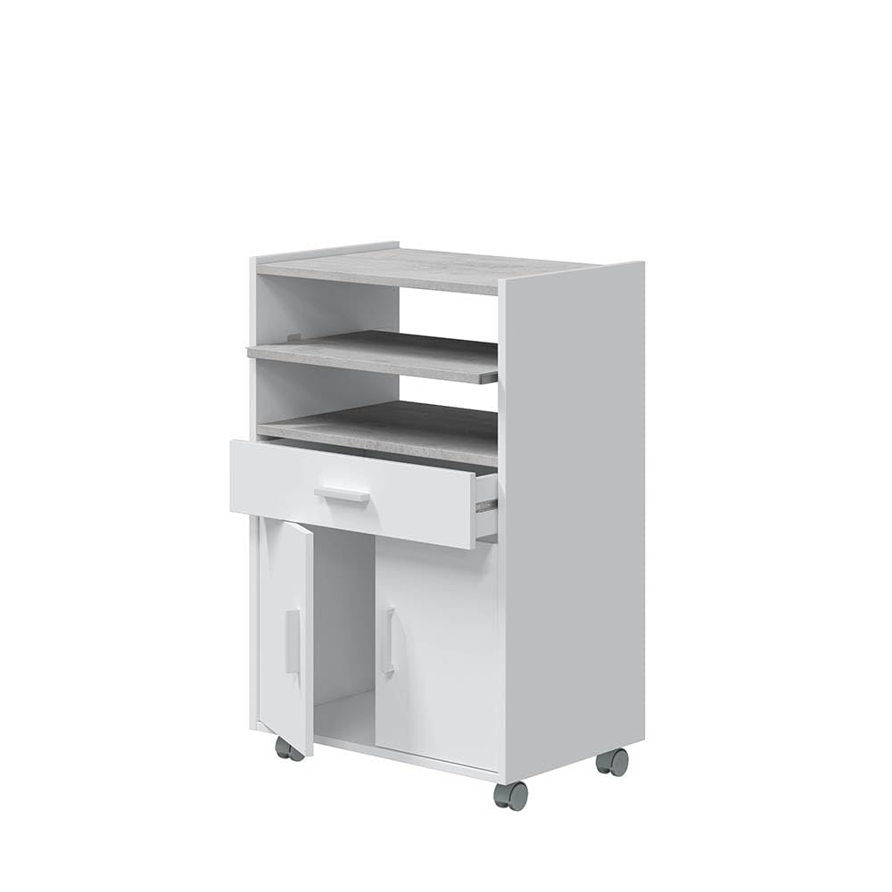 Habitdesign - Mueble Microondas con Ruedas, Carro Auxiliar de Cocina 2 Puertas 1 Cajón - Armario Compacto para Almacenaje - Blanco Artik y Cemento - 59x92x40 cm (AnchoxAltoxFondo) - Modelo Tidy