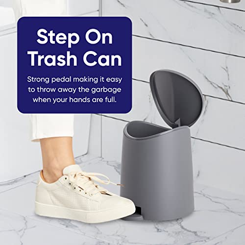 Image of Superio Small Plastic Bathroom Trash Can with Lid 3 Liter Modern Curved Step On Trash Can with Foot Pedal, Mini Kitchen Waste Bin, Durable and Soft Close for Bedroom, Office, Under Desk (Grey-Set)