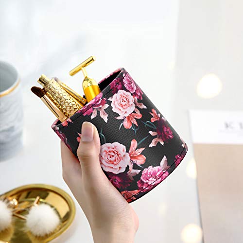 Image of Round Leather Pen Pencil Holder for Desk, Black Flower