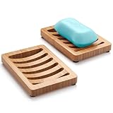 AmazerBath Bamboo Soap Dish, Wooden Soap Holder , 2 Pack Soap Dishes for Bar Soap, Wooden soap Tray, Kitchen Soap Tray Self Draining (Wooden Color)