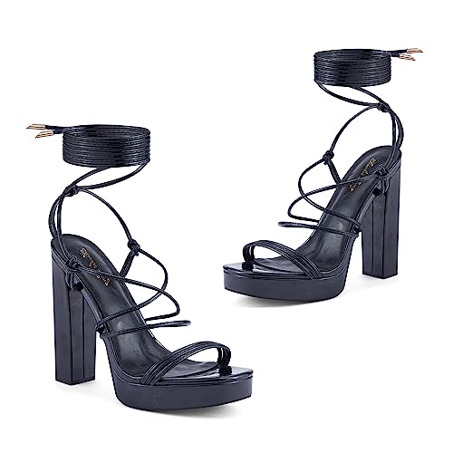Elisabet Tang Women's Strappy Heeled Sandals, 5 inch Platform Heels Chunky Lace up High Heels Open Toe Party Shoes2