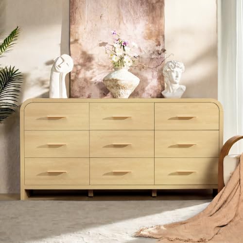 Image of Curved 9-Drawer Dresser for Bedroom, 63 inch Wide Modern Chest of Drawers, Vanity Desk TV Stand for Living Room, Closet Storage Drawers Organizer Furniture, Nursery, Hallway, Natural Oak