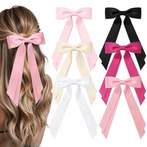 6PCS Pink Tone Hair Bows, Large Ribbon Bow Hair Clips for Girls Women Cute Ponytail Holder Accessories for Toddlers Kids Teens