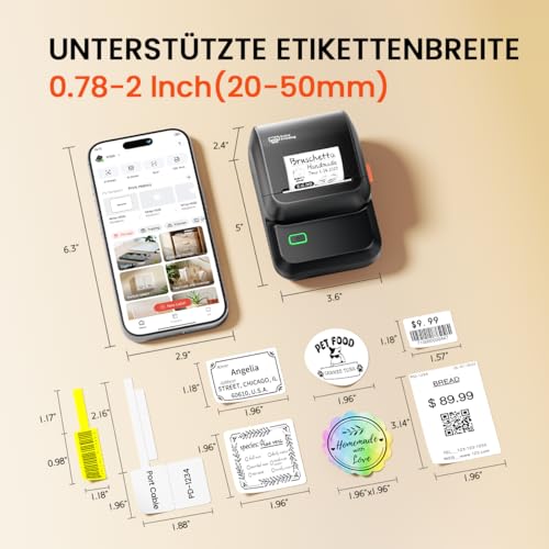 Memoking Etikettendrucker Selbstklebend, Beschriftungsgerät Bluetooth Label Printer Aufkleber drucker mit 2000 Symbolen und 300 Vorlagen, Label Maker für Einzelhandel, kleine Unternehmen, Schule, Heim