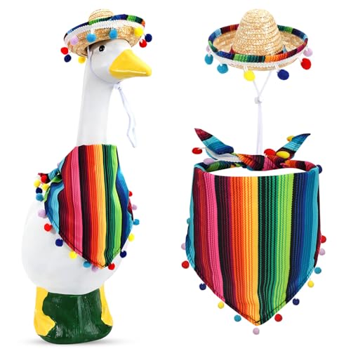 Mexican Porch Goose Outfit for 17" & 23" Lawn Goose, Sombrero and Striped Bandana Costume, Fiesta Garden Patio Yard Decoration for Cinco de Mayo