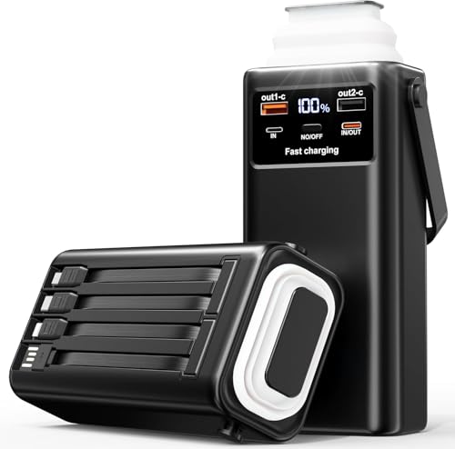 52800mAh Power Bank PD30W Batterie Externe,Charge Rapide Chargeur Externe avec 4 Câble Intégré 7 Sorties,USB C Grosse Batterie Portable avec Lampe de Poche | Affichage LED pour Smartphones (Noir)