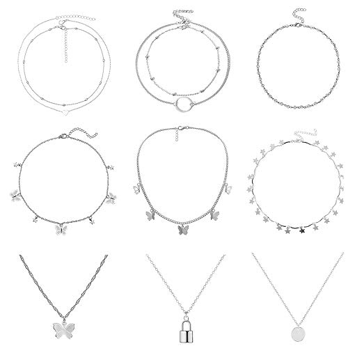9PCS Butterfly Choker Necklace Gold Silver Layered Chain Dainty Choker Pendant Necklaces for Women Girls (Silver)