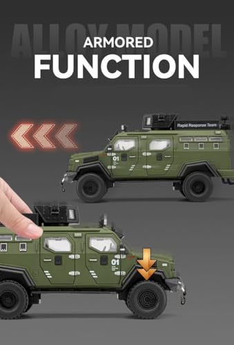 Image of Enterprise 1:24 Armored Police Car Diecast Model - Tooth Tiger Explosion-Proof Pull Back Metal Toy with Lights, Sounds & 4 Opening Doors - Collectible Vehicle for Kids & Display (Green)