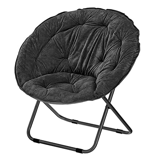 mDesign Urban Papasan Folding Moon Chair - Large Saucer UFO Chair with Collapsible Metal Frame - Fuzzy Foldable Dish Seat for Home Office, Living Room, Dorm Room, and Bedroom - Black