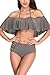 Memory baby Women's Swimsuit Two Piece Leaf Printed Off Shoulder Flounce Bathing Suit (L, Cappuccino Gray)