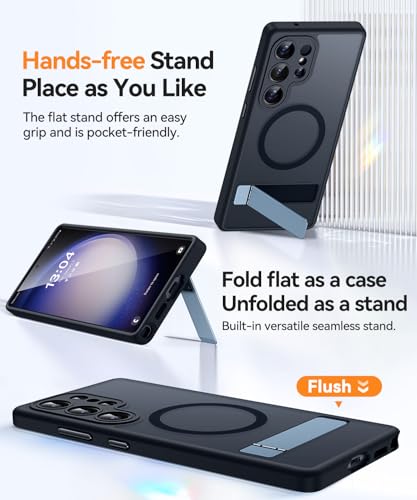 Image of CANSHN Strong Magnetic & Seamless Stand Designed for Samsung Galaxy S23 Ultra Case [Full Camera Protection] [Adjustable Kickstand] [Compatible with MagSafe] Translucent Matte Phone Cover - Black