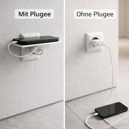 Plugee Steckdosenregal – Universelle Halterung ohne Bohren und Kleben – Praktische Ablage für Elektrogeräte beim Laden – Weiß 1 Stück