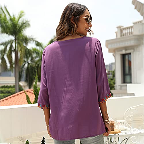 Lauraklein Women's Boho Embroidered Peasant Tops 3/4 Sleeve V Neck Mexican Bohemian Shirts Tunics Blouses (Purple328, Large) #TOP4