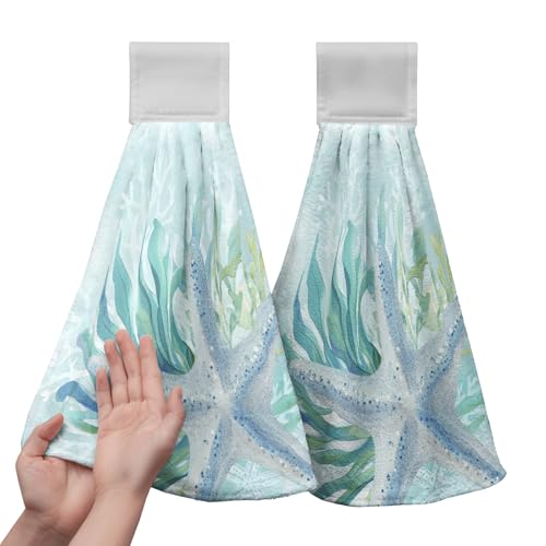 Kwlegh 2 Pcs Starfish Hanging Hand Towels Summer Coastal Nautical Kitchen Towels with Hanging Loop Aqua Turquoise Beach Ocean Coral Bath Tie Towels Oven Stove Dish Washcloth