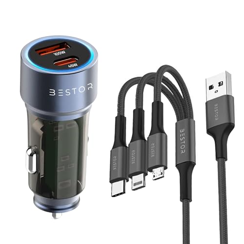 Image of Bestor VoltDrive Pro 145W Car Charger with Dual Output, Type C (45W) PD /PPS, USB Port (100w), Compatible Smartphones, Laptops, USB Devices Come with 3 in 1 Charging & Lightening Cable (Black)