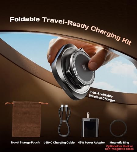 Qi2.2 25W 3-in-1 Wireless Charger for iPhone 17/16 Series, Foldable Wireless Charging Station Compatible with MagSafe, 360° Swivel Zinc Alloy Base for Apple Watch & AirPods (45W Adapter Included) — view 6