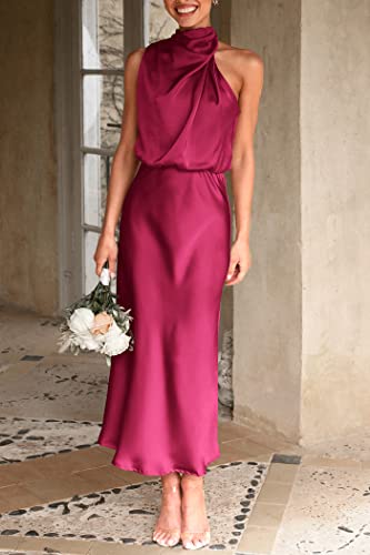 Image of PRETTYGARDEN Women's 2026 Summer Satin Dress Elegant Sleeveless Mock Neck Cocktail Party Maxi Dresses