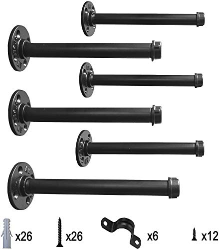 My Rustic Industrial Black Iron Pipe Shelf Brackets –12 Inch Set Of 6, Heavy Duty Rustic Floating Shelf Bracket, Clothing Rack, Coated Finish, Hardware Included thumb #1