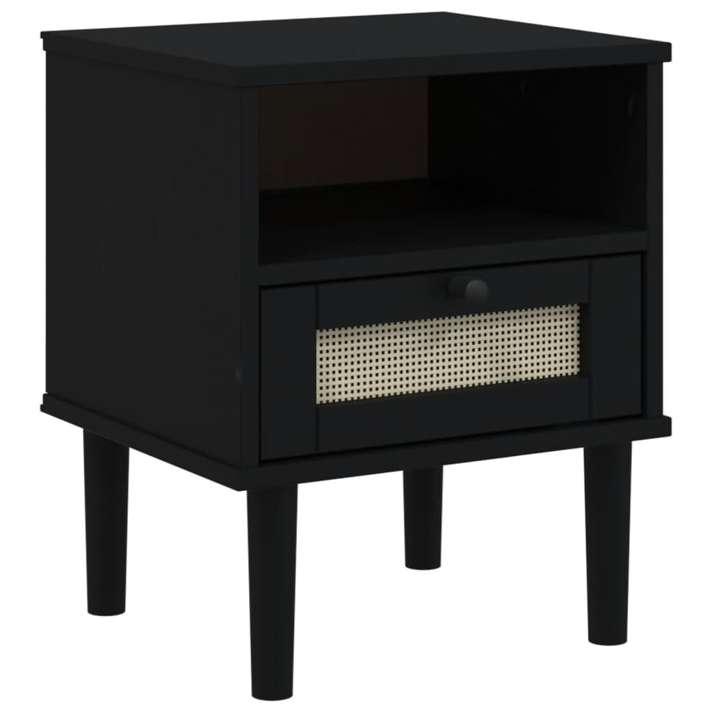 Table de chevet aspect rotin noir SENJA en pin massif 40x35x48 cm avec tiroir pour la chambre