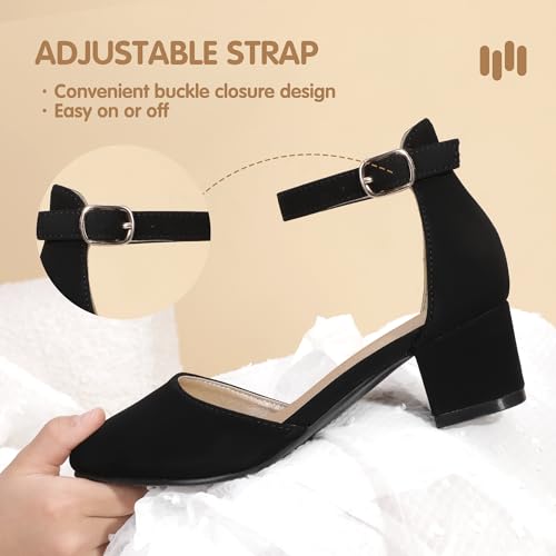 Image of Hehainom Girls Dress Shoes Chunky High Heels Ankle Strap Pumps | Pointed Closed Toe, Little Big Kid, Adjustable Buckle, Mary Jane, Wedding, Party, Communion, Flower Girl