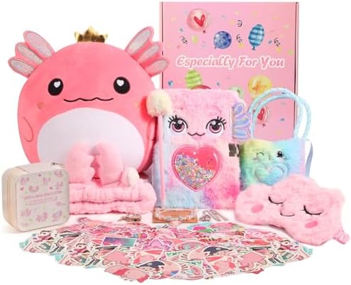 Axolotl Gift Set for Girls，Cute Axolotl Themed Gift Box with Fluffy Diary with lock and keys, Stickers, Pen and More Axolotl Accessories, Christmas Birthday Gifts for Girls