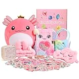 Axolotl Gift Set for Girls，Cute Axolotl Themed Gift Box with Fluffy Diary with lock and keys, Stickers, Pen and More Axolotl Accessories, Christmas Birthday Gifts for Girls