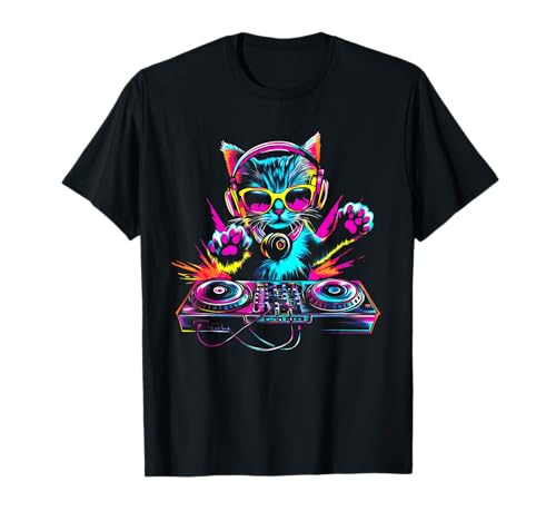 Funny Cat DJ EDM Music House DJing en Space Techno Party Camiseta