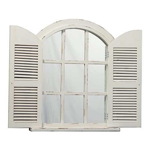Farmhouse Arched Window Mirror With Shutters 35" X 28", Hanging Distressed White Rustic Window Shutters Decorative Mirrors For Wall Decor Living Room, Wood Vintage Wall-Mounted Mirrors For Bedroom #TOP11