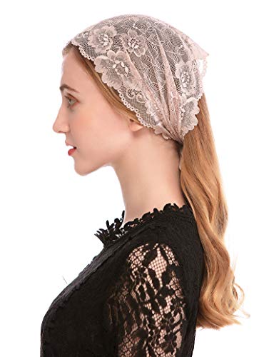 PAMOR Lace Headband Kerchief Tie-style Floral Headwrap Latin Mass Head Covering Church Veil with Bobby Pins (Beige)
