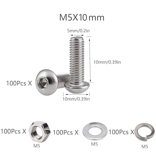 JDMA 100 Stück M5x10 Linsenkopfschraube mit Innensechskant und Muttern Unterlegscheiben Federring ISO 7380 304 Edelstahl Vollgewinde Halbrundkopfschraube Flachkopfschraube Linsenschraube