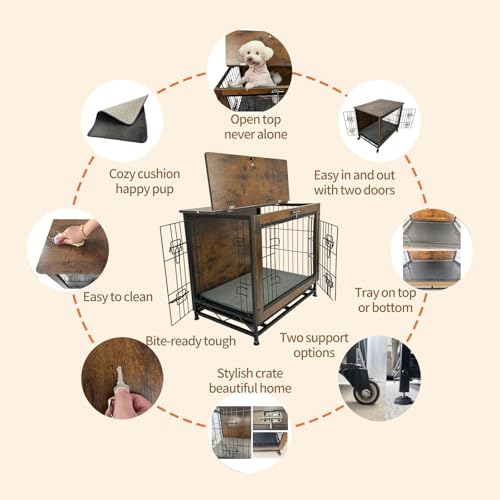 Dog Crate Wooden Dog Crates,Dog Crate Furniture for Small Dogs, Decorative Wooden Dog Kennel Cage House Indoor with Tray Cushion Foldable Top, End Side Table,Small,25" L,Rustic Brown - Image 4