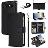 Furill Wallet Case for Samsung Galaxy Note 8 Detachable Wrist Strap Crossbody Shoulder Strap Leather Zipper Card Holder Slots Protector Stand Accessories Phone Cover Note8 Not S8 Gaxaly Girls Black