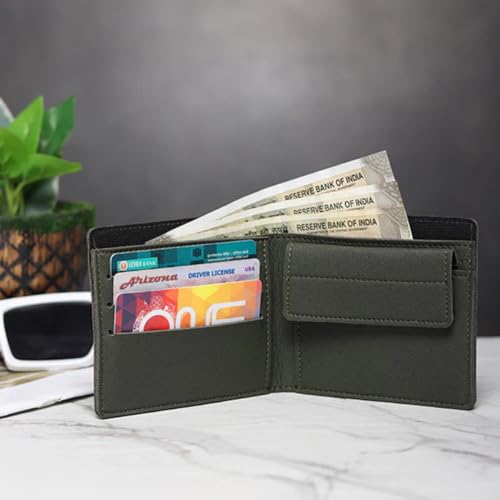 Image of TCG Personalized Name & Charm Imported Leather Mens Wallet | Gifts for Men Husband Boyfriend Employees Clients Colleagues Friend (Olive Green)