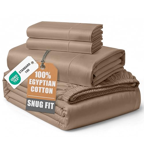 LANE LINEN 100% Egyptian Cotton King Sheet Set – Naturally Cooling & Breathable Sateen 4 Piece King Sheets, Authentic Long-Staple Cotton for Lasting Softness, Snug Fit 15" Deep Pocket Fitted - Taupe