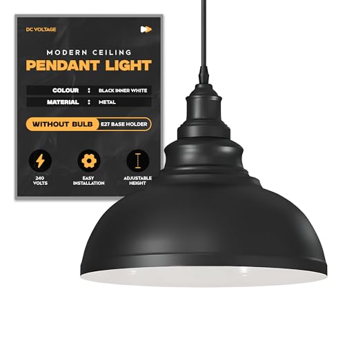 Industrial Vintage Metal Shade Pendant Light Fittings Loft Bar Hanging Ceiling Light 29cm Easy Fit Light Shade Adjustable Cord E27 Pendant Island Kitchen Fixture (Black Inner White Without Bulb)