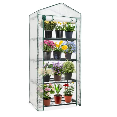 Image of EAGLE PEAK 4-Tier Mini Greenhouse Portable Green House with Shelves & Weather-Resistant PE Cover, Small Greenhouse for Seedlings & Gardening Gifts, 27x19x64 in, Clear /White
