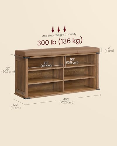 Image of VASAGLE LIRY Collection - Shoe Storage Bench with Removable Cushion, Shoe Rack with Padded Seat, Entryway Bench with 6 Open Compartmens, Adjustable Shelves, Honey Brown ULSB105K01