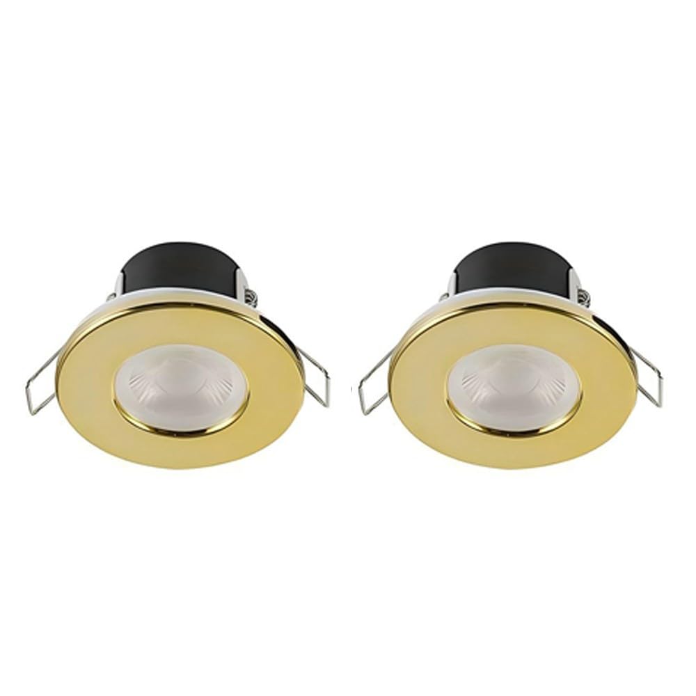 Valve Kings Brushed Brass LED Bathroom Kitchen Dimmable Spotlight Down Light IP65 Ceiling Waterproof 4 Bezel Finishes Fire Rated Bulb Energy Efficient A++ - Pack of 2