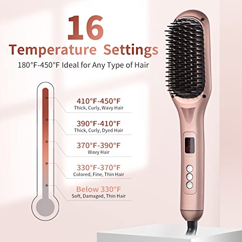 Ionic Hair Straightener Brush, Hair Brush Straightener With 16 Temp, Mch 30S Fast Heating, 60 Mins Auto-Off, Anti-Scald Straightener Comb, Straighten Hair Brush For Women, Quick Styling (Rose Gold) #TOP2