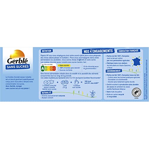 Gerblé Sans Sucres Cookie Chocolat saveur Noisette - Source de Fibres et Sans Huile de Palme - 1 boîte 130g (4 sachets de 3pcs) (Lot de 4)