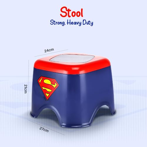 Image of Nayasa Kids Superman Print Bathroom Set of 3 for Children | 18 LTR Bucket, 1 LTR Mug and Stool Combo | Sturdy and Durable | Lightweight and Rigid | Easy to Clean and Attractive Design | Blue